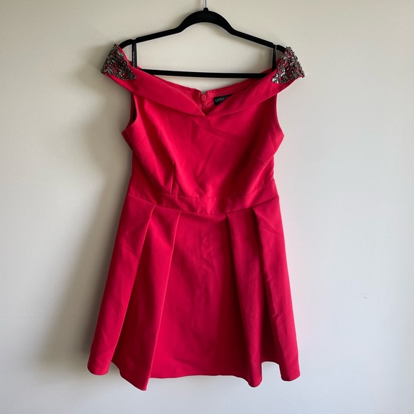 Little Mistress Petite Embellished Off Shoulder Wrap Mini Dress ASOS - Picture 3 of 8